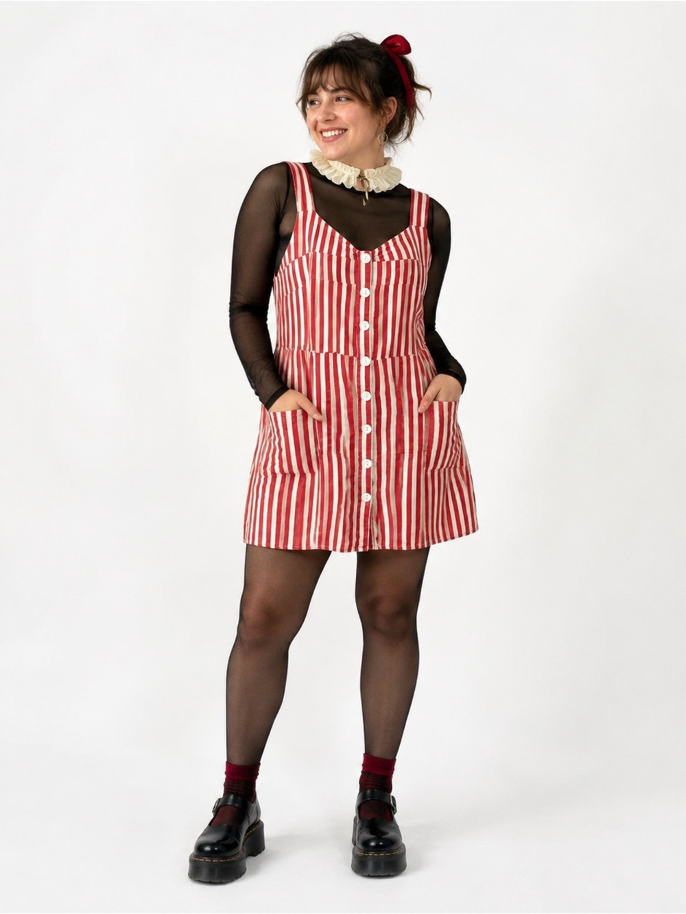 STOP Red & Cream Linen-Feel Striped Button Front Mini Sundress Size Large